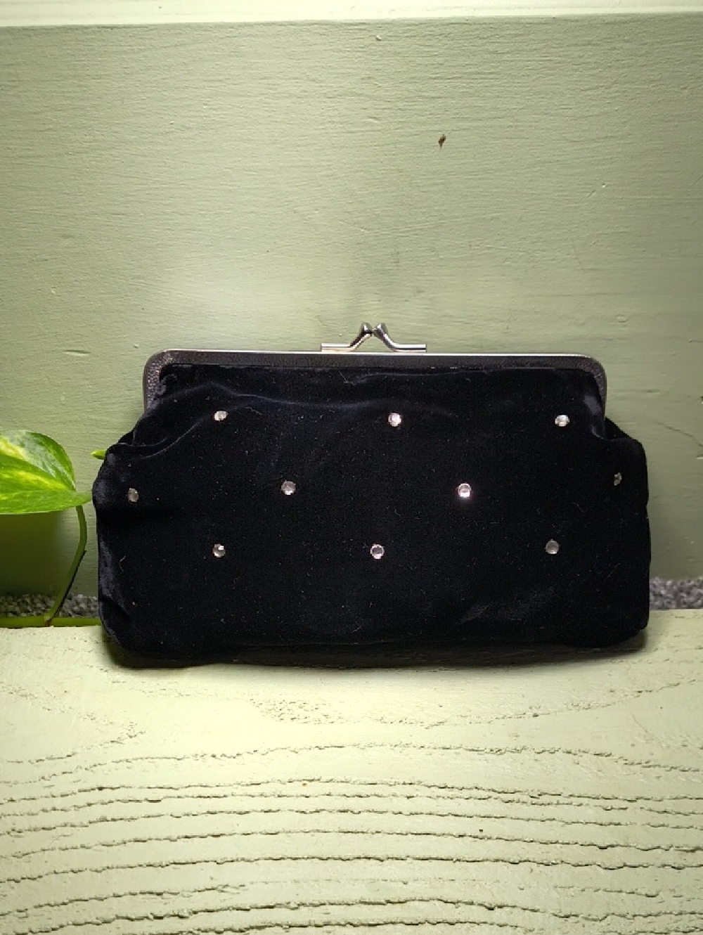 Women's black velvet rhinestone cigarette clutch 9"